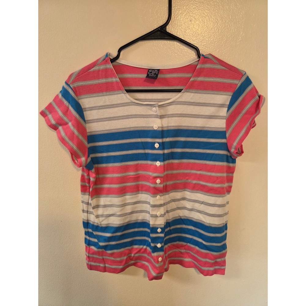 South Point Jantzen Vintage Pink Blue Striped Button Front Shirt Womens Medium